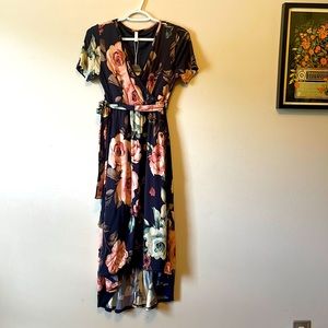 Pinkblush floral, short sleeve, high-low maternity dress, Large